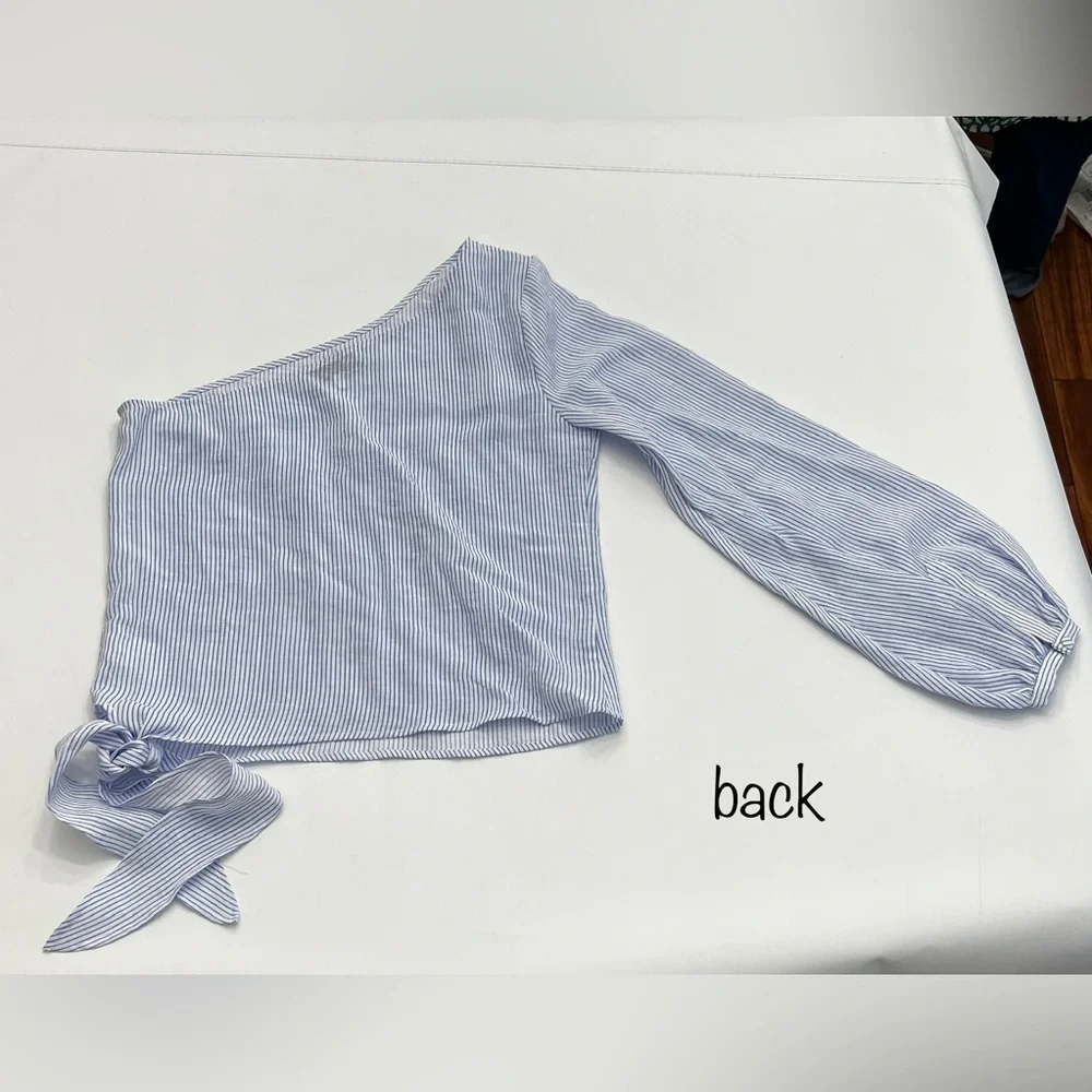 L’ Academie romantic sleeve blue & white pinstripe shirt size S - Picture 3 of 16